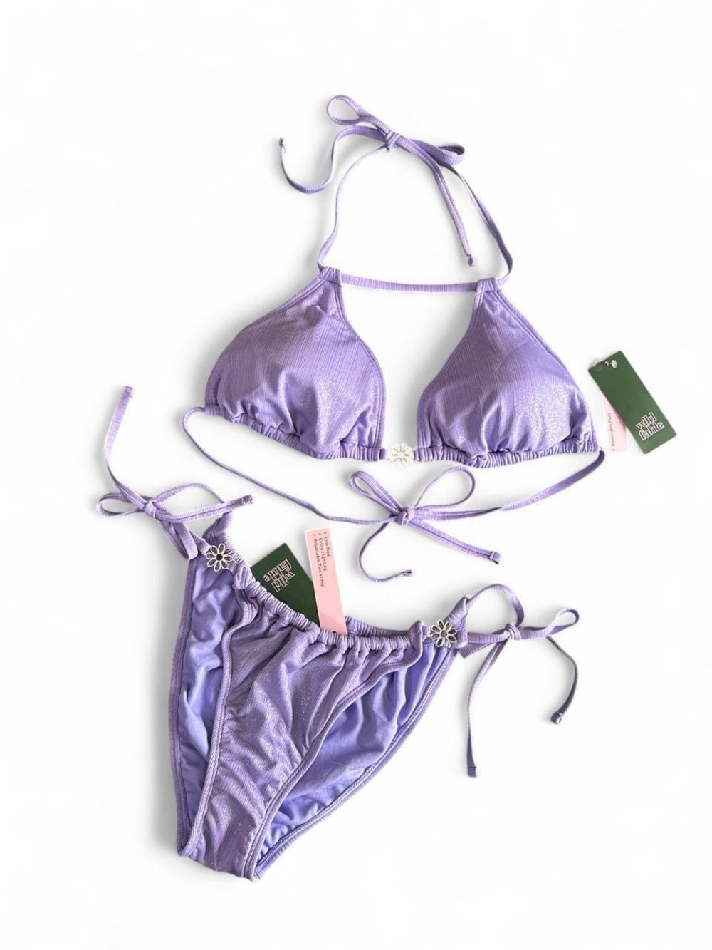Wild Fable Lavender Purple Daisy Charm Tie Strap Lowrise Bikini Set Shimmer NWT